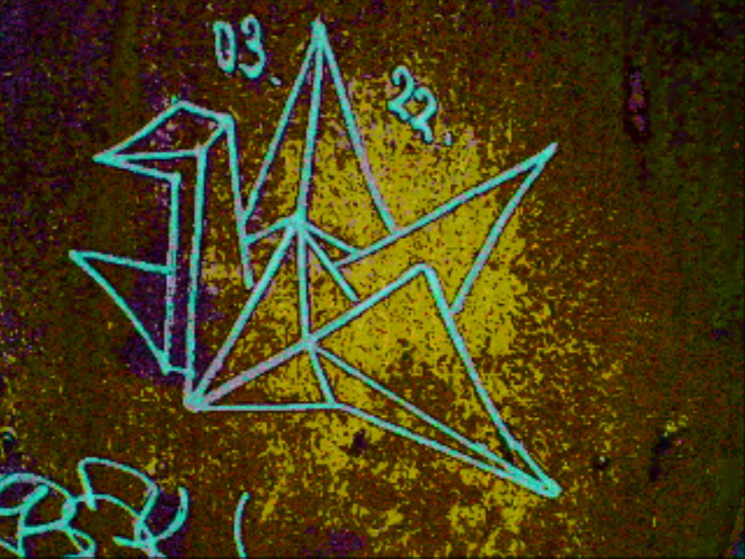 A sample glitch camera image taken of a graffiti crane